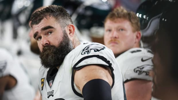 Jason Kelce looks on from the sideline during a game against the Buccaneers.