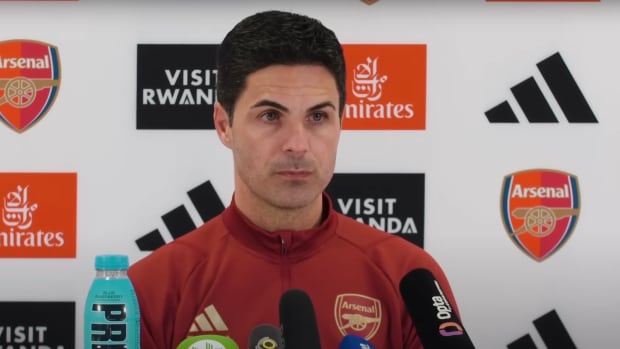 Mikel Arteta pictured speaking at an Arsenal press conference in January 2024