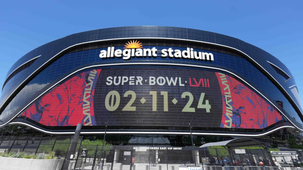 Aug 13, 2023; Paradise, Nevada, USA; The Super Bowl LVIII (Super Bowl 58 logo) on the Allegiant Stadium marquee.
