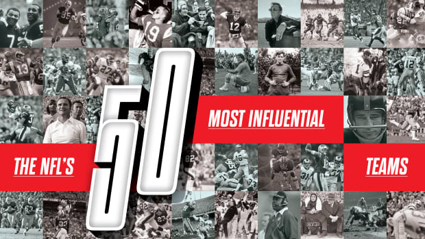 “The NFL’s 50 most influential teams” text overlay over a collage of black and white football photos