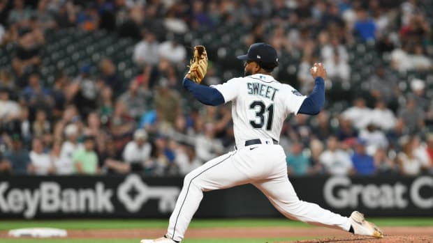 Jul 19, 2023; Seattle, Washington, USA; Seattle Mariners relief pitcher Devin Sweet (31) makes his MLB debut and pitches to the Minnesota Twins during the ninth inning at T-Mobile Park.
