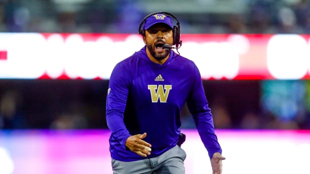 Oct 16, 2021; Seattle, Washington, USA; Washington Huskies head coach Jimmy Lake calls for a timeout during the third quarter against the UCLA Bruins at Alaska Airlines Field at Husky Stadium.