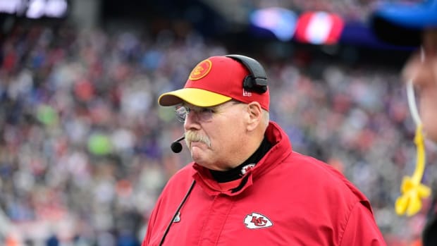 Dec 17, 2023; Foxborough, Massachusetts, USA; Kansas City Chiefs head coach Andy Reid walks the sideline during the second half against the New England Patriots at Gillette Stadium.