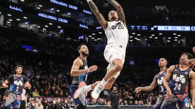 Jan 29, 2024; Brooklyn, New York, USA; Utah Jazz forward John Collins (20) drives to the basket in the first quarter against the Brooklyn Nets at Barclays Center.