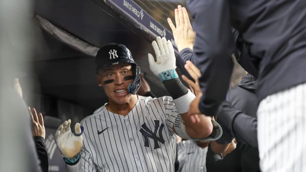 Sep 22, 2023; Bronx, New York, USA; New York Yankees right fielder Aaron Judge (99) celebrates his three run home run during the third inning against the Arizona Diamondbacks at Yankee Stadium.