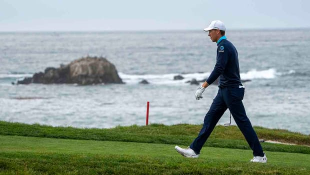 Jordan Spieth walks on the 4th hole during the third round of the 2023 AT&T Pebble Beach Pro-Am at Pebble Beach Golf Links.