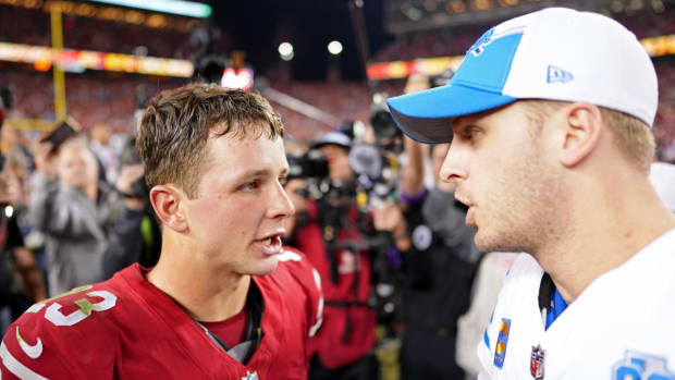 49ers quarterback Brock Purdy and Lions quarterback Jared Goff speak after the NFC championship.