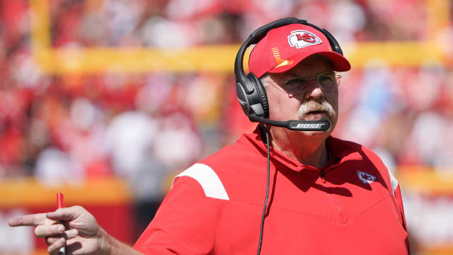 Sep 26, 2021; Kansas City, Missouri, USA; Kansas City Chiefs head coach Andy Reid on the sidelines against the Los Angeles Chargers during the game at GEHA Field at Arrowhead Stadium. Mandatory Credit: Denny Medley-USA TODAY Sports