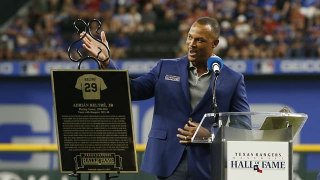 Aug 14, 2021; Arlington, Texas, USA; Former Texas Rangers third baseman Adrian Beltre gives a speech after being inducted into the Texas Rangers Baseball Hall of Fame before the game against the Oakland Athletics at Globe Life Field.
