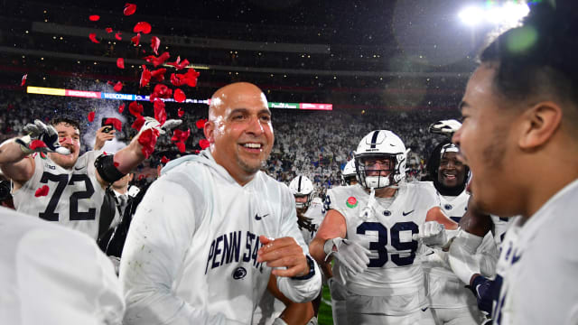 The Penn State Nittany Lions and coach James Franklin celebrate after beating Utah in the 2023 Rose Bowl.