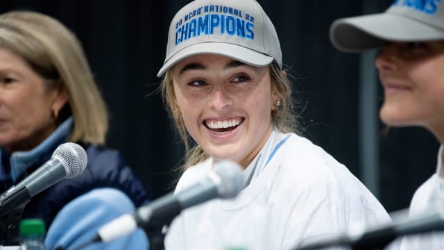 Erin Matson speaks in a press conference after North Carolina field hockey wins the national title.