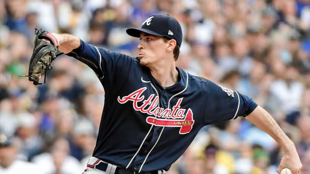 Oct 9, 2021; Milwaukee, Wisconsin, USA; Atlanta Braves starting pitcher Max Fried (54) pitches against the Milwaukee Brewers during the third inning during game two of the 2021 NLDS at American Family Field. Mandatory Credit: Benny Sieu-USA TODAY Sports