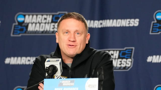 Former VCU basketball coach Mike Rhoades, now at Penn State, speaks to the media at the NCAA Tournament.