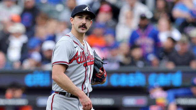 May 1, 2023; New York City, New York, USA; Atlanta Braves starting pitcher Spencer Strider (99) reacts as he walks off the field after the first inning against the New York Mets at Citi Field.