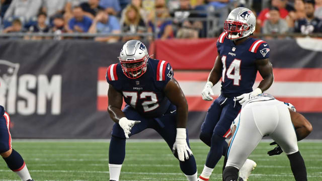 Aug 19, 2022; Foxborough, Massachusetts, USA; New England Patriots offensive tackle Yodny Cajuste (72) lines up during the first half of a preseason game against the Carolina Panthers at Gillette Stadium.