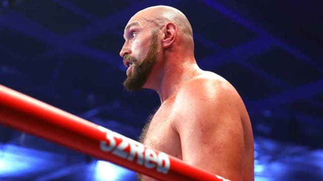 Tyson Fury looks on during a WBC Heavyweight Championship boxing match.