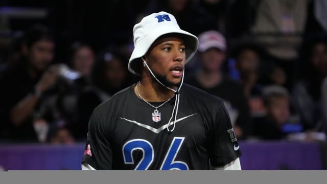 Feb 2, 2023; Henderson, NV, USA; New York Giants running back Saquon Barkley (26) during the Pro Bowl Skills competition at the Intermountain Healthcare Performance Facility.