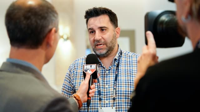 Nov 9, 2022; Las Vegas, NV, USA; Atlanta Braves general manager Alex Anthopoulos answers questions from the media during the MLB GM Meetings at The Conrad Las Vegas.