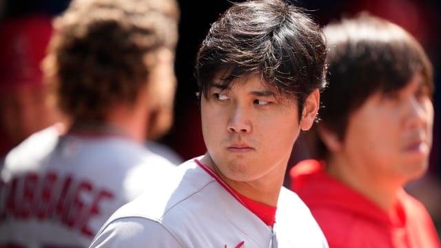 Jul 30, 2023; Toronto, Ontario, CAN; Los Angeles Angels designated hitter Shohei Ohtani (17) looks on from the dugout before the start of the tenth inning against the Toronto Blue Jays at Rogers Centre.