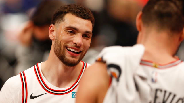 May 9, 2021;Chicago Bulls guard Zach LaVine and Nikola Vucevic (9) vs. the Detroit Pistons at Little Caesars Arena