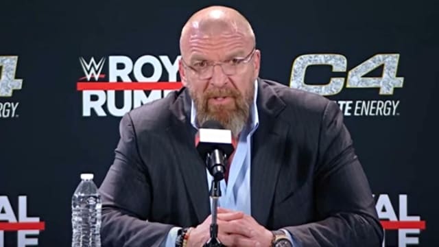 Triple H speaks to the media during the WWE Royal Rumble 2024 press conference.