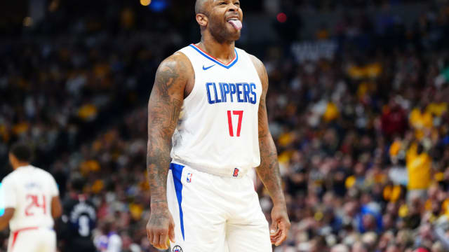 LA Clippers forward P.J. Tucker (17) reacts to a turnover in the second half against the Denver Nuggets at Ball Arena.