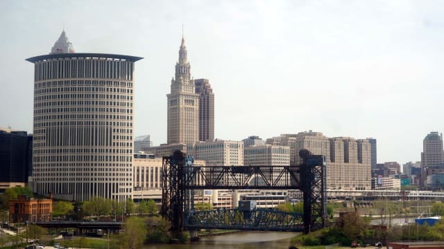 Apr 28, 2021; Cleveland, Ohio, USA; A general aerial view of the downtown skyline and Cuyahoga River prior to the 2021 NFL Draft. Mandatory Credit: Kirby Lee-USA TODAY Sports