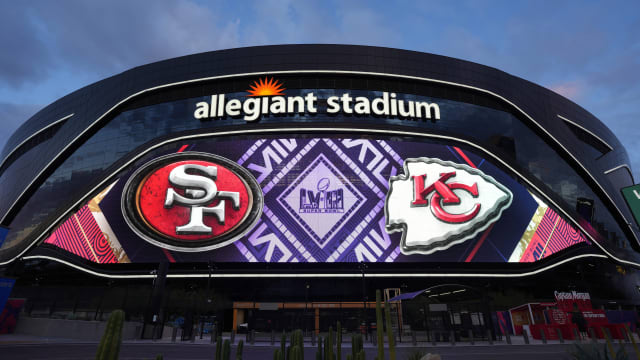 Feb 9, 2024; Las Vegas, NV, USA; A general overall view of Allegiant Stadium, the site of Super Bowl 58 between the San Francisco 49ers and the Kansas City Chiefs. Mandatory Credit: Kirby Lee-USA TODAY Sports