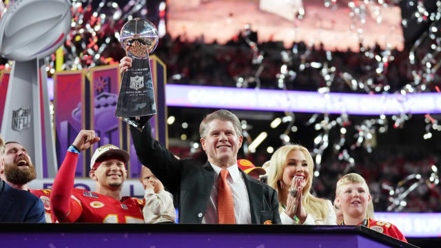 Feb 11, 2024; Paradise, Nevada, USA; Kansas City Chiefs chairman and chief executive officer Clark Hunt holds up the the Vince Lombardi Trophy after winning Super Bowl LVIII against the San Francisco 49ers at Allegiant Stadium. Mandatory Credit: Kirby Lee-USA TODAY Sports  
