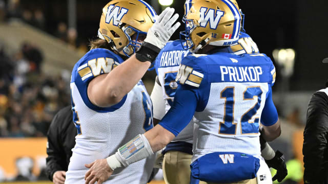 Nov 19, 2023; Hamilton, Ontario, CAN; Winnipeg Blue Bombers quarterback Dakota Prukop (12) celebrates with offensive lineman Liam Dobson (64) after scoring a touchdown against the Montreal Alouettes in the first half at Tim Hortons Field. Mandatory Credit: Dan Hamilton-USA TODAY Sports  