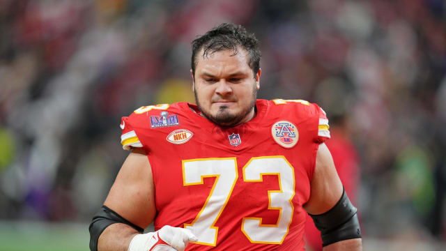 Feb 11, 2024; Paradise, Nevada, USA; Kansas City Chiefs guard Nick Allegretti (73) warms up before Super Bowl LVIII against the San Francisco 49ers at Allegiant Stadium. Mandatory Credit: Kirby Lee-USA TODAY Sports  