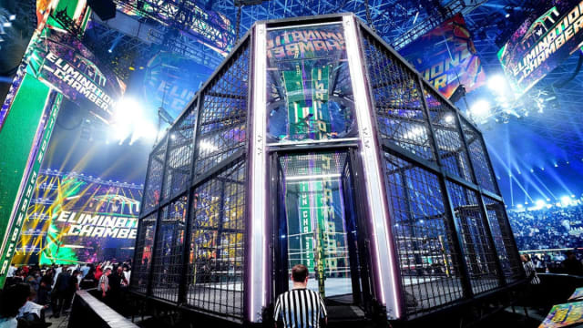 A closeup shot of the WWE Elimination Chamber structure.