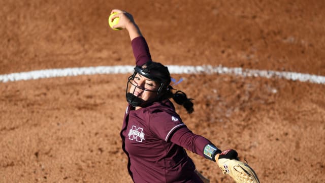 Mississippi State's Aspen Wesley (28) throws a pitch against Tennessee at Sherri Parker Lee Stadium, Friday, April 1, 2022.