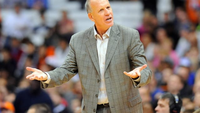 Philadelphia 76ers head coach Doug Collins reacts to a call during the third quarter against the New York Knicks at the Carrier Dome.