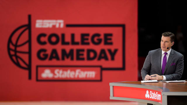 Rece Davis speaks during ESPN's 'College GameDay' broadcast ahead of No. 4 Tennessee's basketball game against No. 10 Texas at Thompson-Boling Arena in Knoxville, Tenn., on Saturday, Jan. 28, 2023. Kns Ut Basketball College Gameday  