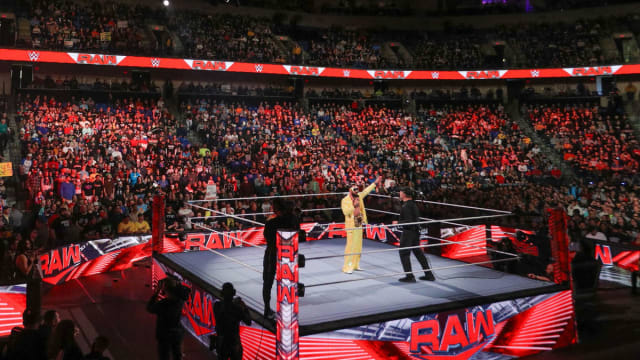 An image taken during an episode of WWE Raw, which features Seth Rollins in the ring.