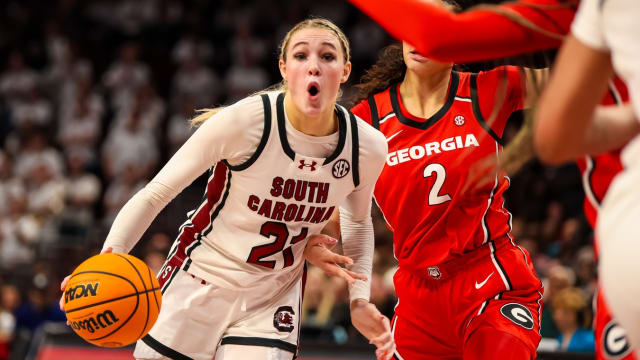South Carolina Gamecocks forward Chloe Kitts (21) drives against the Georgia Lady Bulldogs in the second half at Colonial Life Arena.