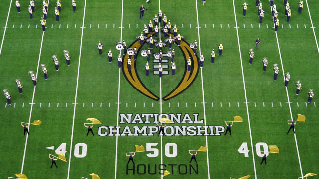A general view as the Michigan Wolverines marching band performs during halftime in the 2024 College Football Playoff national championship.