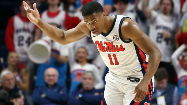 Feb 24, 2024; Oxford, Mississippi, USA; Mississippi Rebels guard Matthew Murrell (11) reacts during the second half against the South Carolina Gamecocks at The Sandy and John Black Pavilion at Ole Miss. Mandatory Credit: Petre Thomas-USA TODAY Sports  