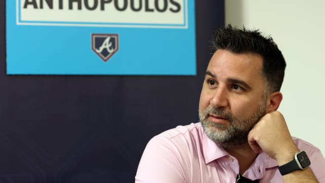 Feb 15, 2024; Tampa, FL, USA; Atlanta Braves general manager and president of baseball operations Alex Anthopoulos talks with media at George M. Steinbrenner Field.