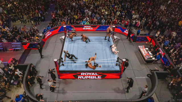 The men's WWE Royal Rumble match in progress.