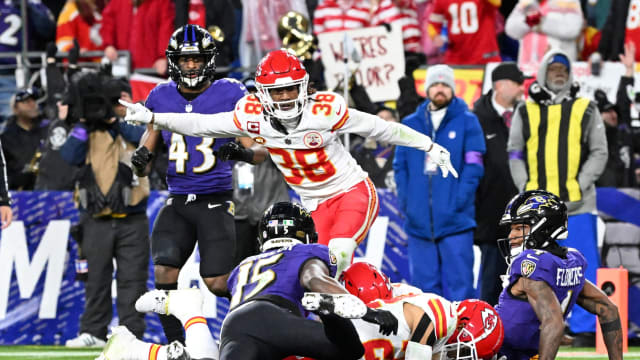 Jan 28, 2024; Baltimore, Maryland, USA; Kansas City Chiefs cornerback L'Jarius Sneed (38) celebrates as cornerback Trent McDuffie (22) recovers a fumble against Baltimore Ravens wide receiver Zay Flowers (4) and wide receiver Nelson Agholor (15) for a turnover during the second half in the AFC Championship football game at M&T Bank Stadium.