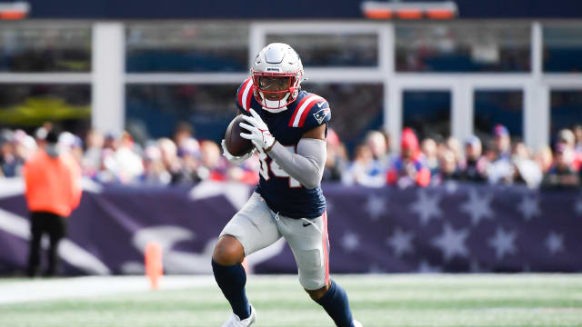 Oct 22, 2023; Foxborough, Massachusetts, USA; New England Patriots wide receiver Kendrick Bourne (84) runs with the ball during the first half against the Buffalo Bills at Gillette Stadium. Mandatory Credit: Bob DeChiara-USA TODAY Sports  