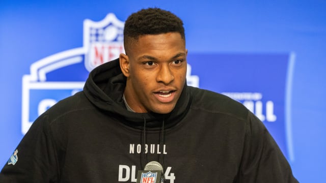 Feb 28, 2024; Indianapolis, IN, USA; Louisiana State defensive lineman Maason Smith (DL24) talks to the media at the 2024 NFL Combine at Indiana Convention Center. Mandatory Credit: Trevor Ruszkowski-USA TODAY Sports
