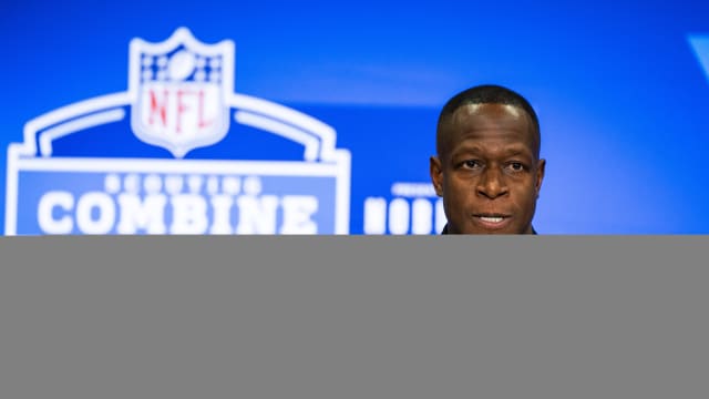 Feb 27, 2024; Indianapolis, IN, USA; Atlanta Falcons head coach Raheem Morris talks to the media at the 2024 NFL Combine at Indiana Convention Center.