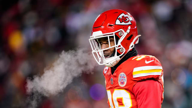 Jan 13, 2024; Kansas City, Missouri, USA; Kansas City Chiefs cornerback L'Jarius Sneed (38) reacts after a play during the first half of a 2024 AFC wild card game against the Miami Dolphins at GEHA Field at Arrowhead Stadium. Mandatory Credit: Jay Biggerstaff-USA TODAY Sports  