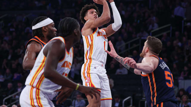 Mar 5, 2024; New York, New York, USA; Atlanta Hawks forward Jalen Johnson (1) shoots the ball as New York Knicks center Isaiah Hartenstein (55) defends during the first quarter at Madison Square Garden. Mandatory Credit: Vincent Carchietta-USA TODAY Sports