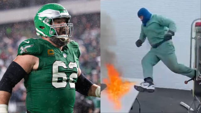 NFL legend, formerly of the Philadelphia Eagles, Jason Kelce pulls off a WWE stunt by going through a flaming table.