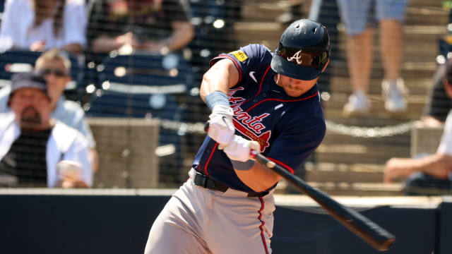 Mar 10, 2024; Tampa, Florida, USA; Atlanta Braves left fielder Jarred Kelenic (24) singles against the New York Yankees during the first inning at George M. Steinbrenner Field.