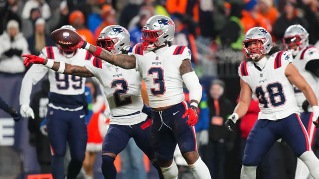 Dec 24, 2023; Denver, Colorado, USA; New England Patriots linebacker Mack Wilson Sr. (3) reacts to a defensive play in the first quarter against the Denver Broncos at Empower Field at Mile High. Mandatory Credit: Ron Chenoy-USA TODAY Sports